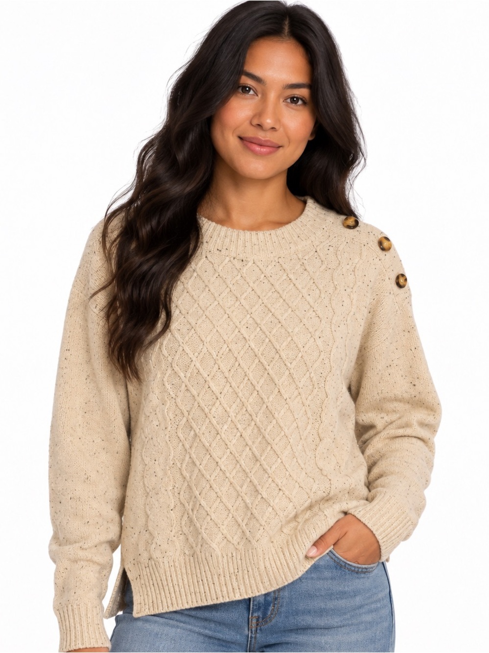 Frye Marled Cream Flecked Cable Knit Sweater